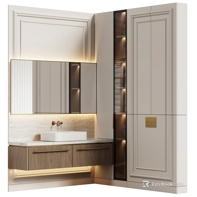 Modern Minimalist Bathroom Washbasin With Backlit Mirror Wooden Cabinet Marble Countertop And Ambient Lighting 3d model 