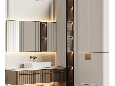 Modern Minimalist Bathroom Washbasin With Backlit Mirror Wooden Cabinet Marble Countertop And Ambient Lighting 3d model