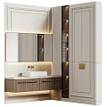 Modern Minimalist Bathroom Washbasin With Backlit Mirror Wooden Cabinet Marble Countertop And Ambient Lighting
