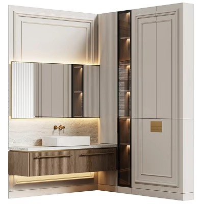 Modern Minimalist Bathroom Washbasin With Backlit Mirror Wooden Cabinet Marble Countertop And Ambient Lighting 3d model