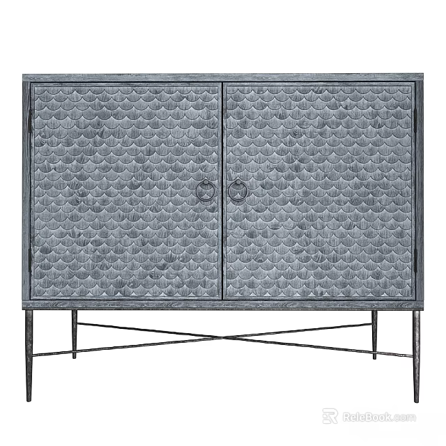 Industrial Style Metal Cabinet With Scalloped Texture Double Doors And Crossed Legs 3d model 