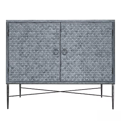 Industrial Style Metal Cabinet With Scalloped Texture Double Doors And Crossed Legs 3d model