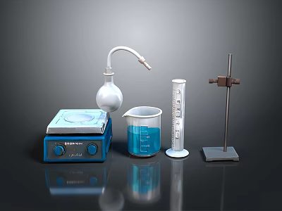 Household Items With Blue Heating Plate Flask Beaker With Blue Liquid Graduated Cylinder And Stand 3d model