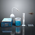 Household Items With Blue Heating Plate Flask Beaker With Blue Liquid Graduated Cylinder And Stand