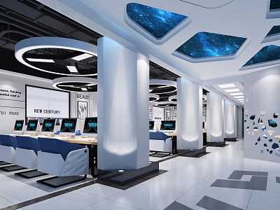 Bright Modern Internet Cafe Interior Featuring Starry Sky Ceiling Ergonomic Seats and Computers 3d model