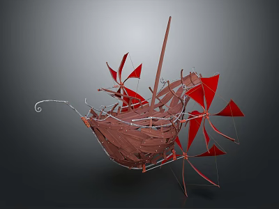 Abstract Red Brown Sculpture With Boat Like Structure And Metal Wire Blades 3d model