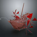 Abstract Red Brown Sculpture With Boat Like Structure And Metal Wire Blades