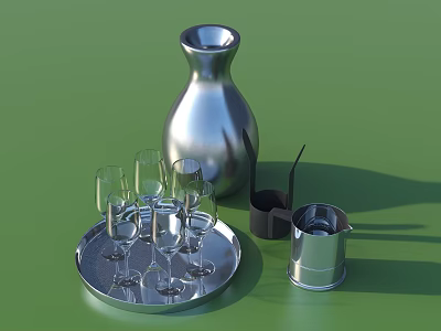 Silver Dinnerware Set With Wine Glasses Tray Decanter Small Cup And Black Container 3d model