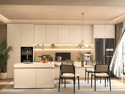 Modern Kitchen Interior With White Cabinets Island Counter And Pendant Light Chairs Refrigerator And Plant 3d model