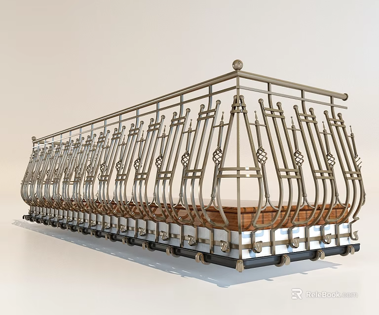 Decorative Metal Railing With Wooden Base For Balcony Corridor Long Structure 3d model 