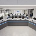 Modern Monitoring Room Interior With Multiple Computer Monitors Ergonomic Chairs And Blue LED Desks