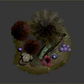 Pine And Brown Trees In Miniature Landscape With Grass Stones Colorful Mushrooms And Glowing Elements