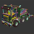 Black And Yellow Striped Lego Truck Toy With Six Wheels And Trailer