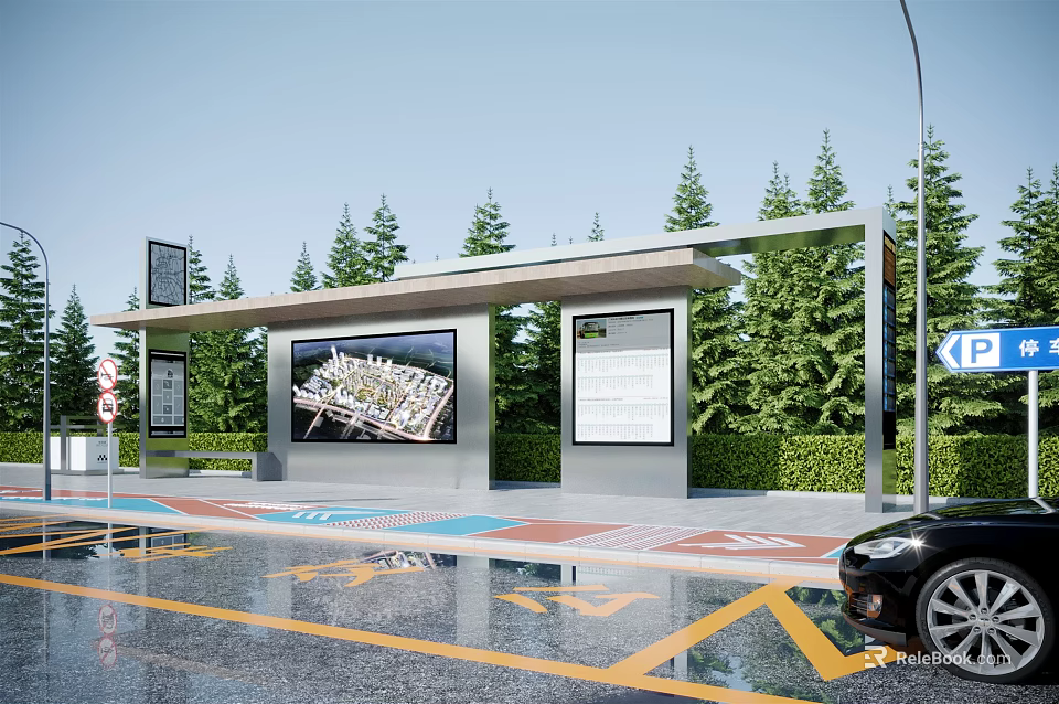 Modern Bus Station With Large Screen Display Information Board Green Trees And Roadside Parking 3d model 