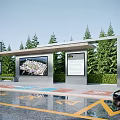 Modern Bus Station With Large Screen Display Information Board Green Trees And Roadside Parking