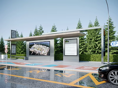 Modern Bus Station With Large Screen Display Information Board Green Trees And Roadside Parking 3d model