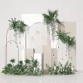 Chic Window Display Styling With Arched Frames Palm Plants Hanging Lights And White Flowers 3d model