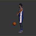 Basketball Player in Blue Philadelphia Jersey Number 21 Standing with Arms Outstretched and Basketball