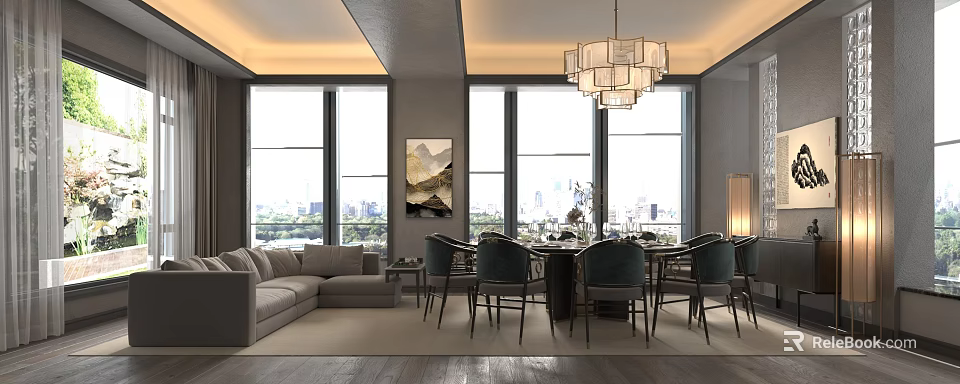 Elegant Private Box Interior With Sofa Dining Table Chandelier And City View Through Windows 3d model