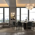 Elegant Private Box Interior With Sofa Dining Table Chandelier And City View Through Windows 3d model