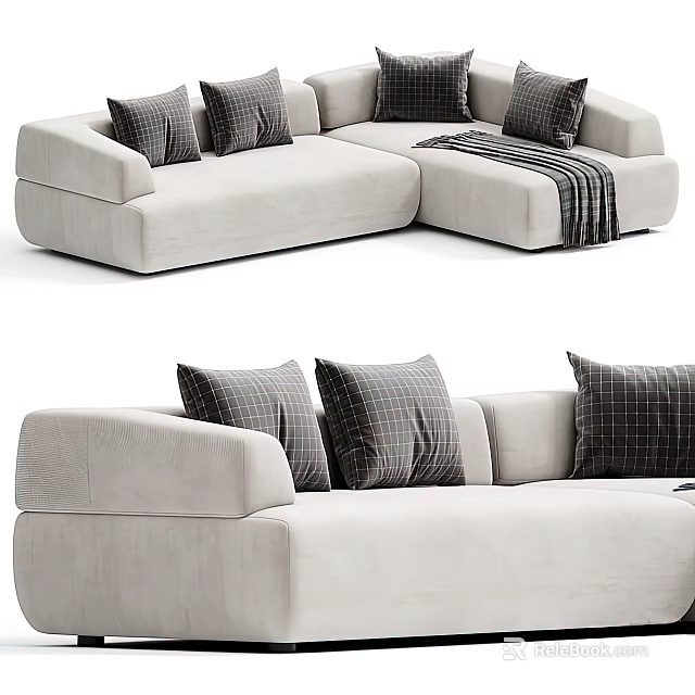 Modern Light Beige Sectional Sofa With Gray Plaid Pillows And Striped Throw Blanket 3d model 