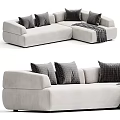 Modern Light Beige Sectional Sofa With Gray Plaid Pillows And Striped Throw Blanket