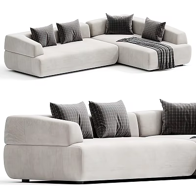 Modern Light Beige Sectional Sofa With Gray Plaid Pillows And Striped Throw Blanket 3d model