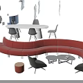 Modern Curved Red Sectional Sofa with Black Chairs Round Coffee Tables and White Table