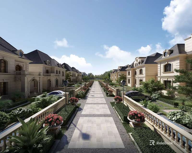 European Style Semi Detached Villa With Neat Driveway Lush Greenery And Flower Beds 3d model 