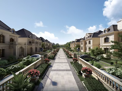 European Style Semi Detached Villa With Neat Driveway Lush Greenery And Flower Beds 3d model