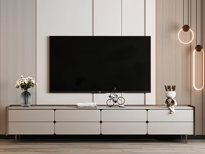 Modern TV Stand With Flat Screen TV Decorative Items And Storage Drawers 3d model