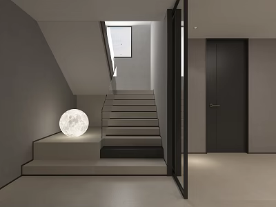 Minimalist Staircase Interior With Gray Walls Round Moon Lamp Glass And Dark Door 3d model