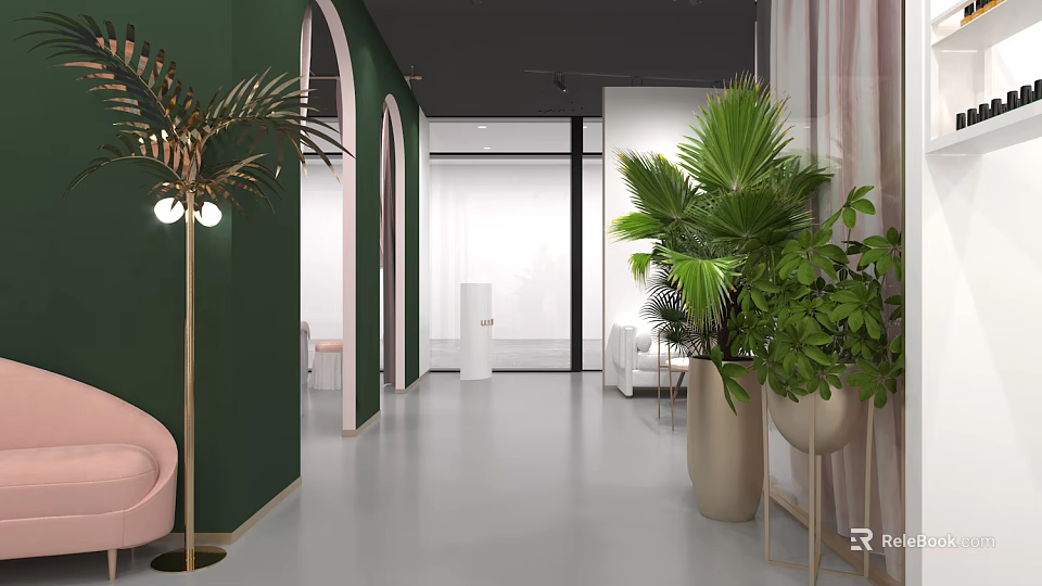 Elegant Beauty Salon Interior Design With Green Walls Arched Doorways Palm Plants And Pink Chair 3d model 