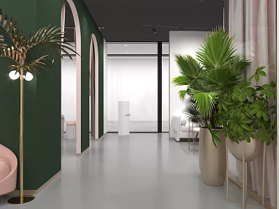 Elegant Beauty Salon Interior Design With Green Walls Arched Doorways Palm Plants And Pink Chair 3d model