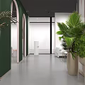 Elegant Beauty Salon Interior Design With Green Walls Arched Doorways Palm Plants And Pink Chair