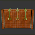 Three Metal Showerheads With Control Fixtures On Red Tiled Bathroom Wall
