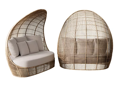 Pair of Egg Shaped Woven Rattan Leisure Chairs with Light Colored Cushions and Pillows 3d model