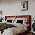 Modern Bedroom Interior With Red Headboard Bed White Wardrobe Gray Curtains And Red White Rug