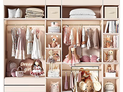Organized Wardrobe with Hanging and Folded Clothes Dolls Stuffed Toys and Bookshelves 3d model
