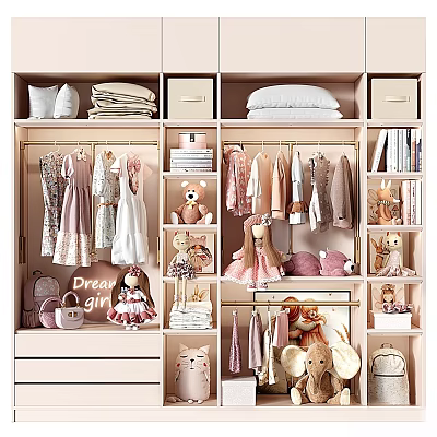 Organized Wardrobe with Hanging and Folded Clothes Dolls Stuffed Toys and Bookshelves 3d model