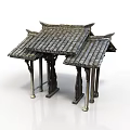 Ancient Traditional Chinese Pavilion Architecture With Multiple Tiled Roofs Overhanging Eaves And Wooden Pillars