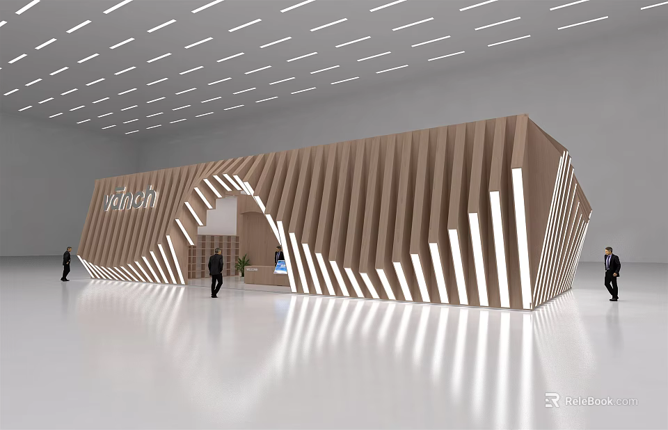 Modern Exhibition Hall Design With Wooden Striped Facade Curved Entrance And Embedded Lighting 3d model 