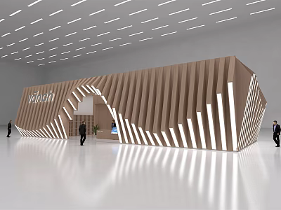 Modern Exhibition Hall Design With Wooden Striped Facade Curved Entrance And Embedded Lighting 3d model