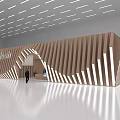 Modern Exhibition Hall Design With Wooden Striped Facade Curved Entrance And Embedded Lighting