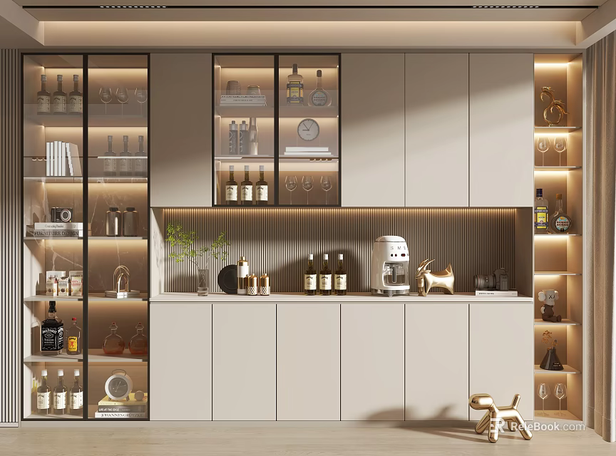 Modern Wine Cabinet Design With Glass Doors Built-in Lighting Displayed Wine Bottles And Decorative Items 3d model 