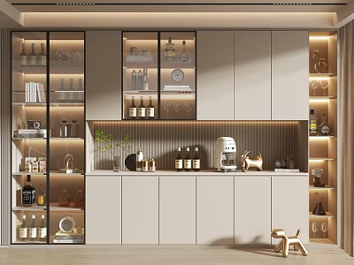 Modern Wine Cabinet Design With Glass Doors Built-in Lighting Displayed Wine Bottles And Decorative Items 3d model