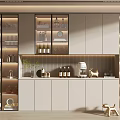 Modern Wine Cabinet Design With Glass Doors Built-in Lighting Displayed Wine Bottles And Decorative Items