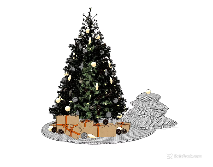 Decorated Christmas Tree With Festive Lights And Gift Boxes On Round Base 3d model