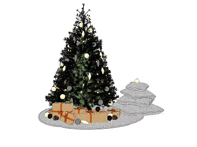 Decorated Christmas Tree With Festive Lights And Gift Boxes On Round Base 3d model