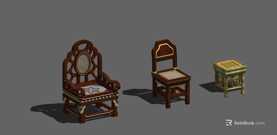 Classic Wooden Single Chair With Carved Backrest And Decorative Seat Cushion 3d model 